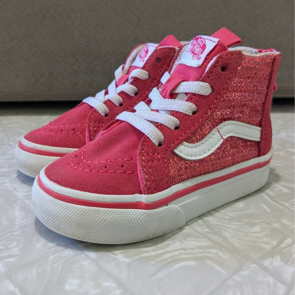 Vans Sk8-Hi Zip Pink Glitter Sequin Suede High Top Sneakers Toddler Size 5.0